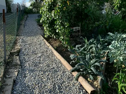 Arbeitsfoto: Kiesweg entlang eines Zauns und eines Gemüsebeets mit Holzeinfassung.
